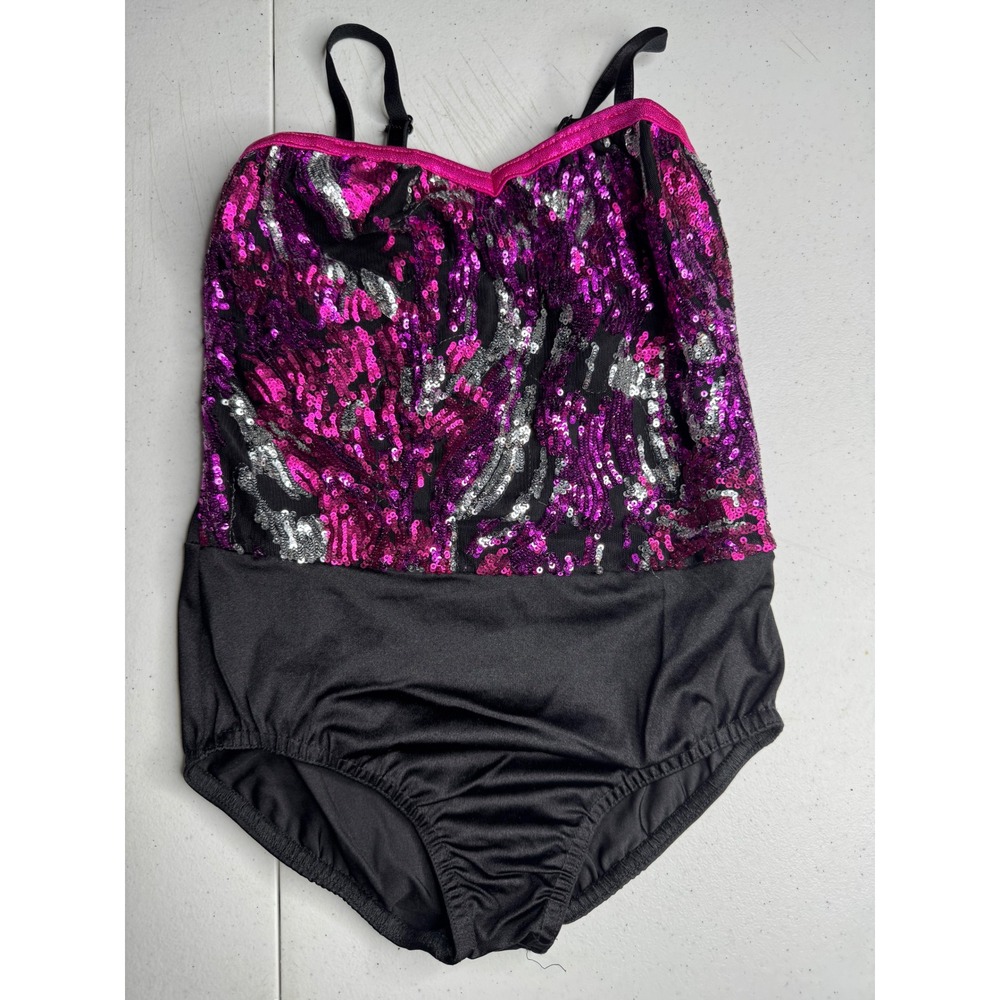 Costume Gallery Kids Medium Sequin Dance Leotard Purple Pink Black 17348